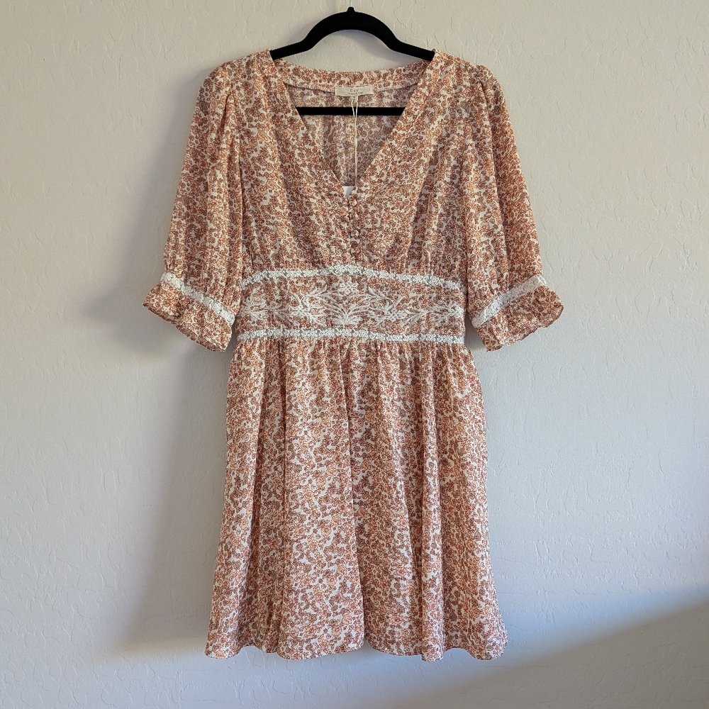 NWT! Chelsea & Violet Rust Colored Floral V-Neck Babydoll Dress With Lace Detail